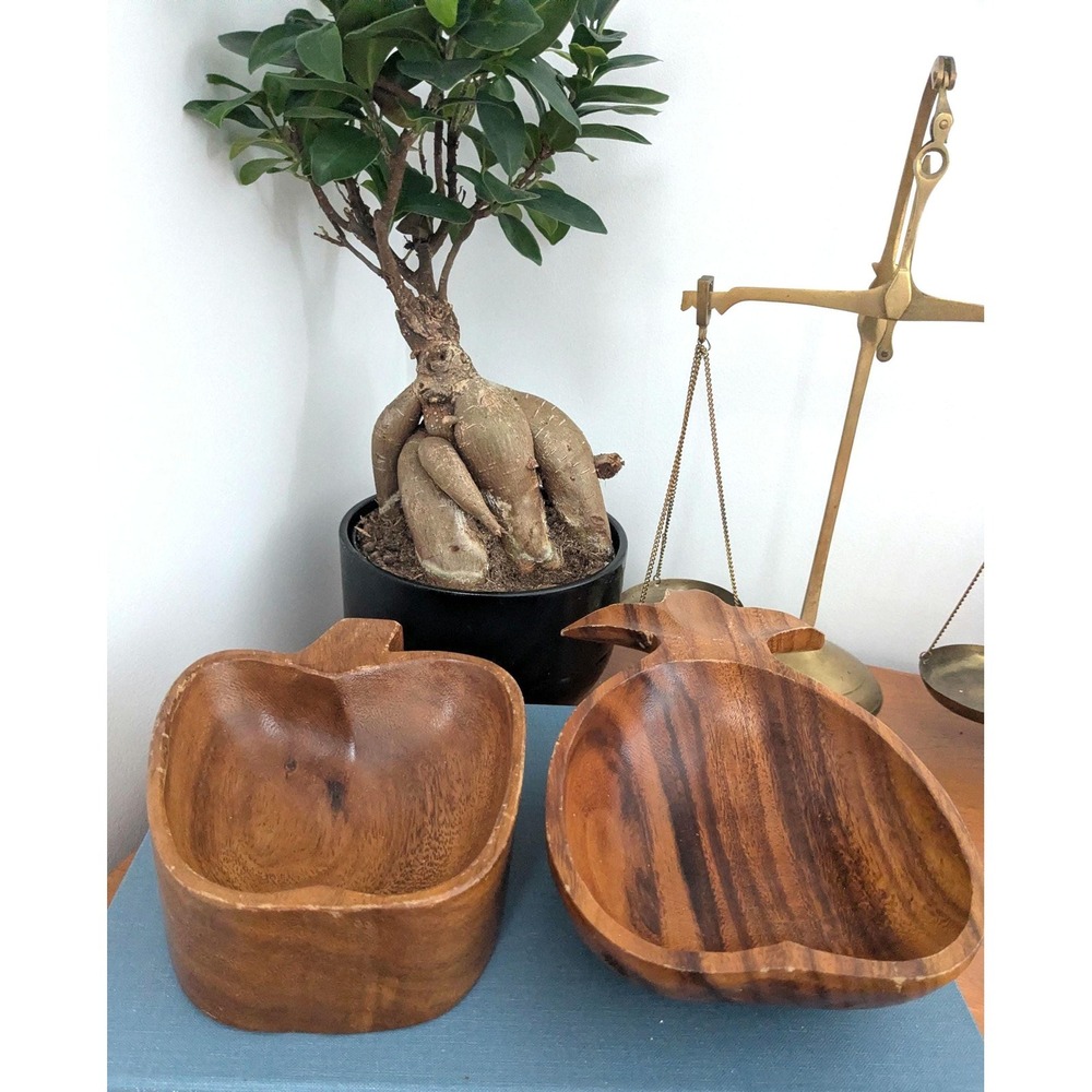 Vintage Wooden Fruit Bowls Set, Apple and Pineapple Shaped Bowls, Acacia Wood